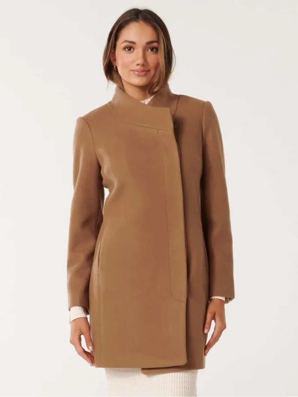 Forever New Camel Asymmetric Single-Breasted Trench Coat- DARK CAMEL COLOR